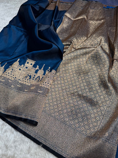 German Blue Banarasi Ghat Pattern Satin Katan Silk saree