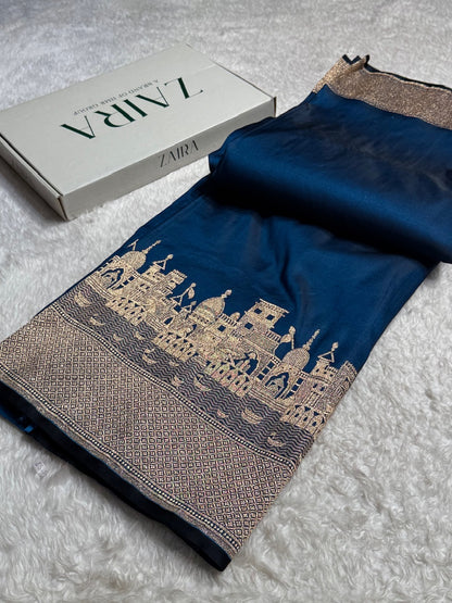 German Blue Banarasi Ghat Pattern Satin Katan Silk saree