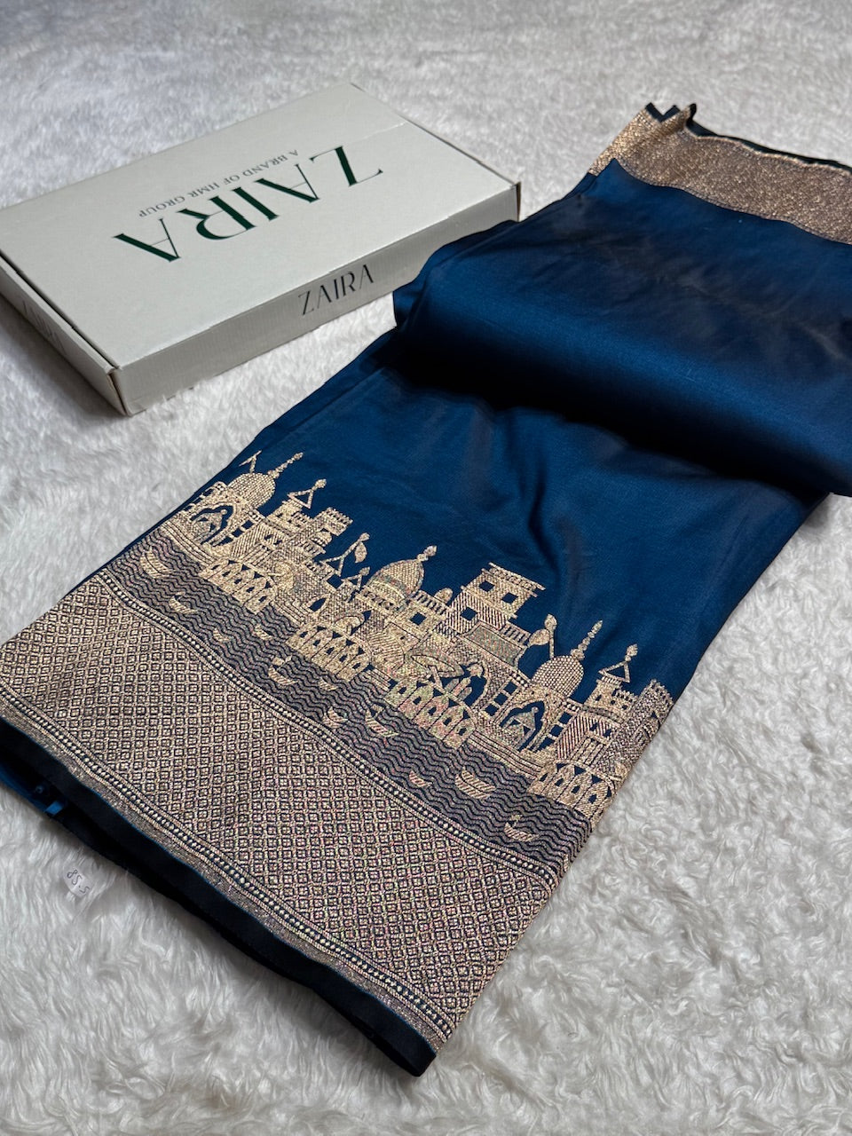 German Blue Banarasi Ghat Pattern Satin Katan Silk saree