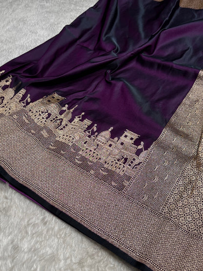 Purple Banarasi Ghat Pattern Satin Katan Silk saree SK33