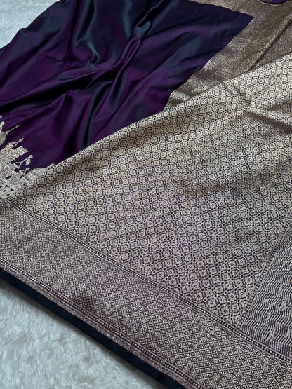 Purple Banarasi Ghat Pattern Satin Katan Silk saree SK33