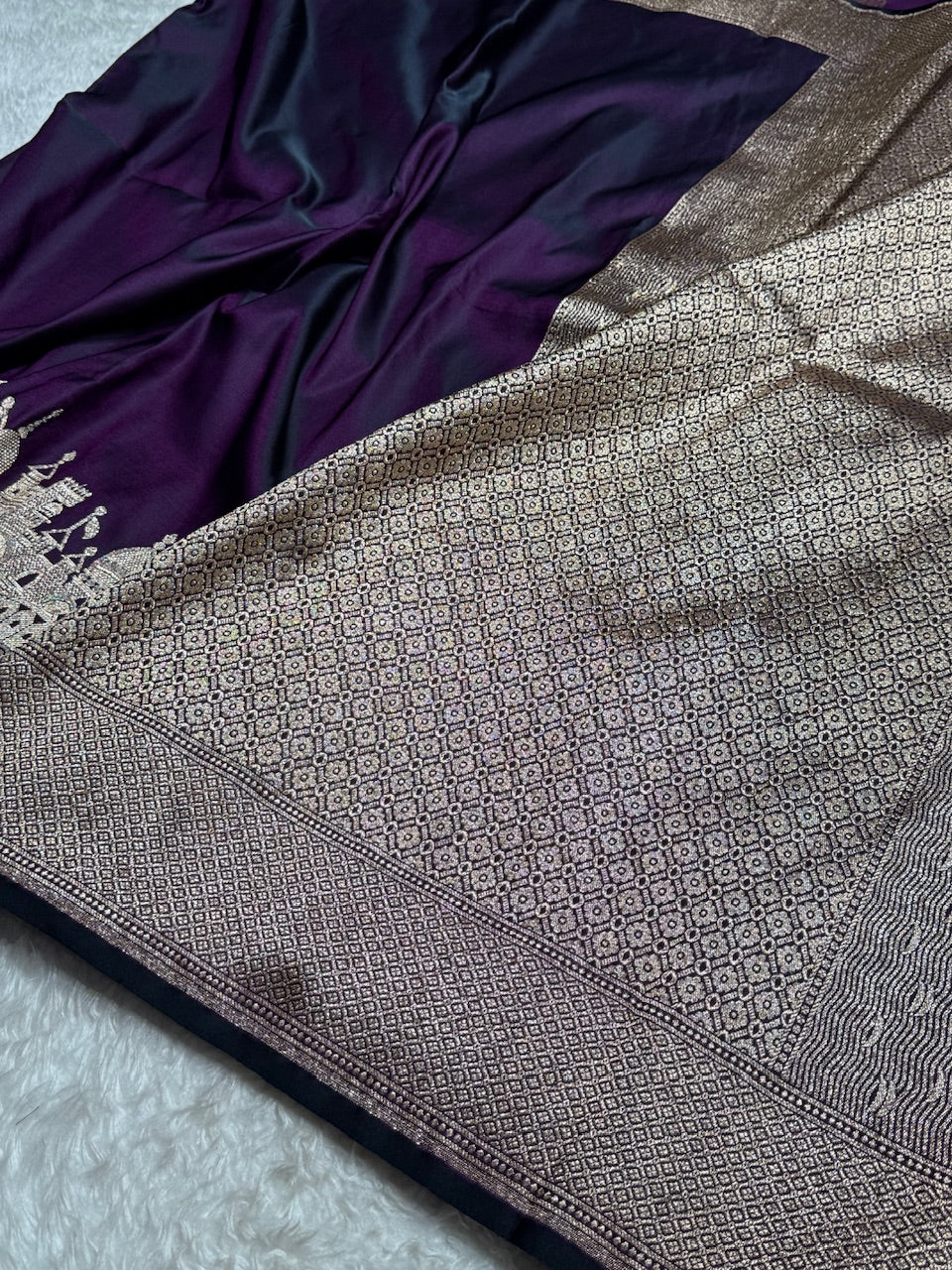Purple Banarasi Ghat Pattern Satin Katan Silk saree