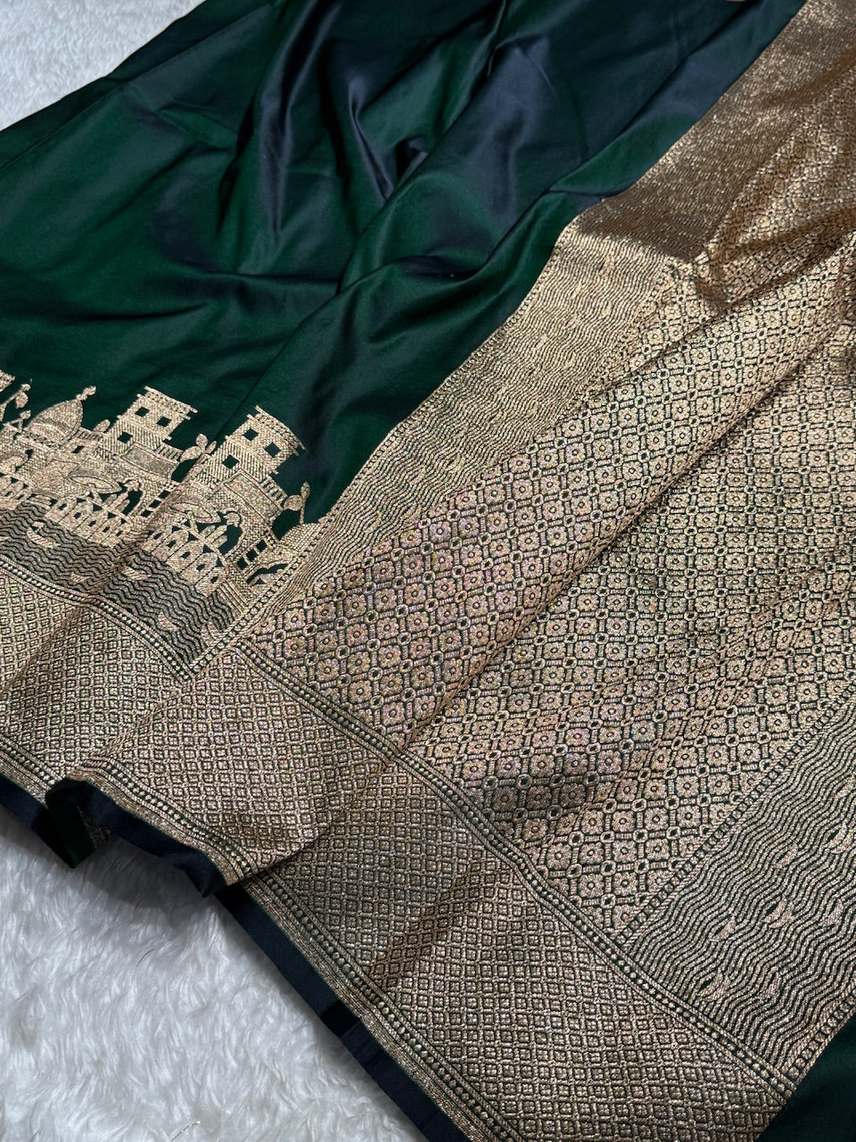 Bottle Green Banarasi Ghat Pattern Satin Katan Silk saree