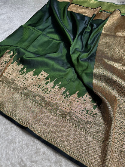 Mehandi Banarasi Ghat Pattern Satin Katan Silk saree