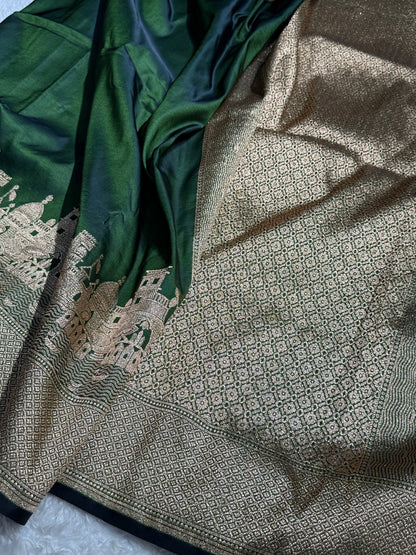 Mehandi Banarasi Ghat Pattern Satin Katan Silk saree
