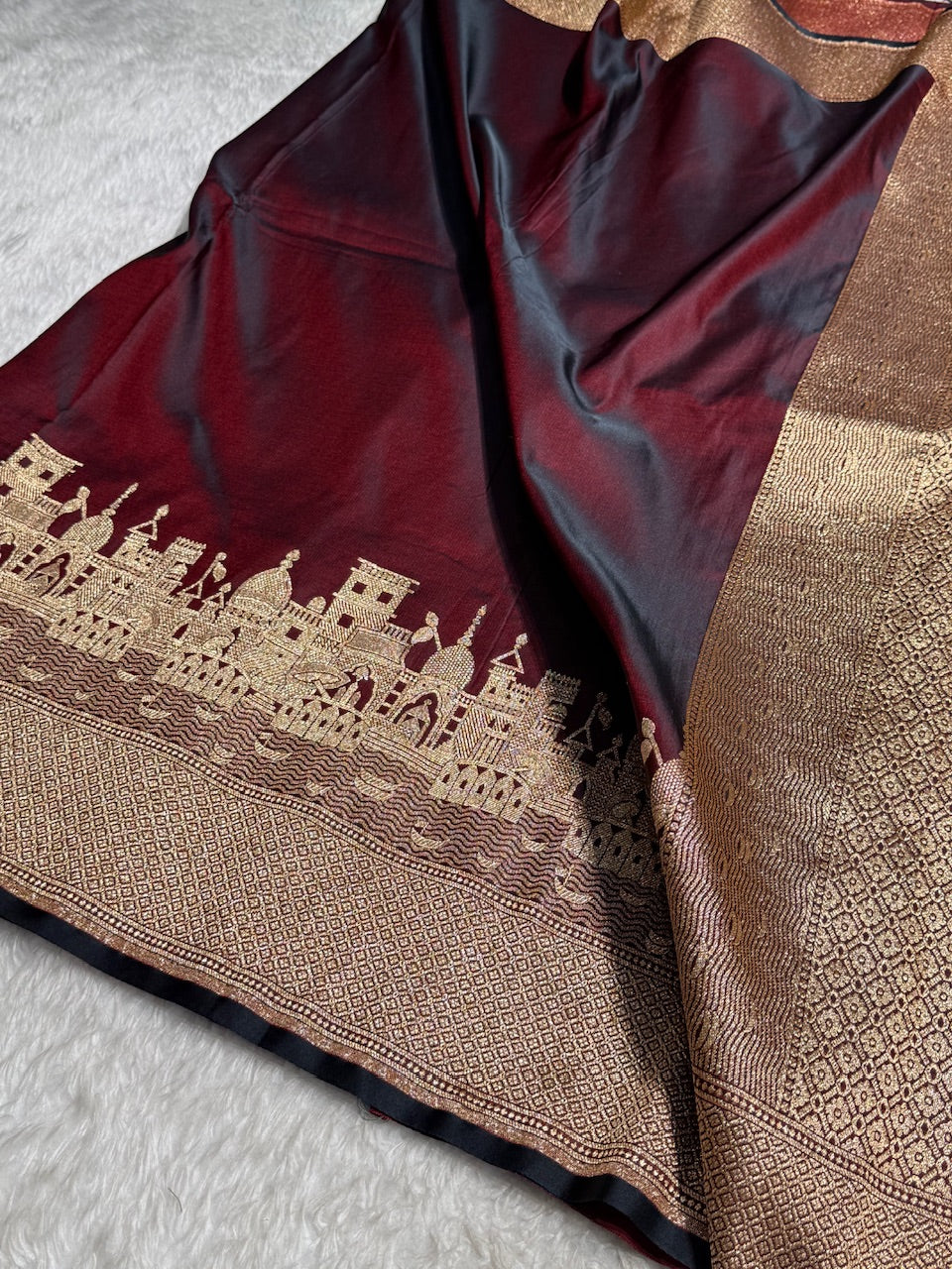 Maroon Banarasi Ghat Pattern Satin Katan Silk saree