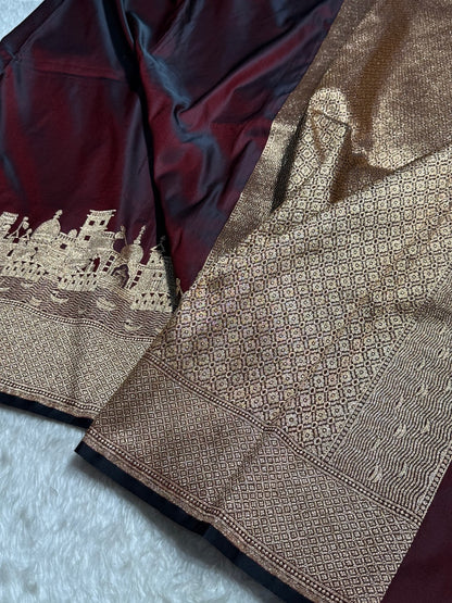 Maroon Banarasi Ghat Pattern Satin Katan Silk saree SK33