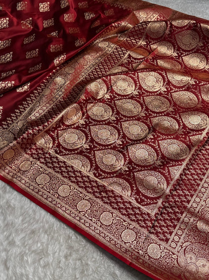 Maroon Floral Boota Satin Katan Silk saree SK35