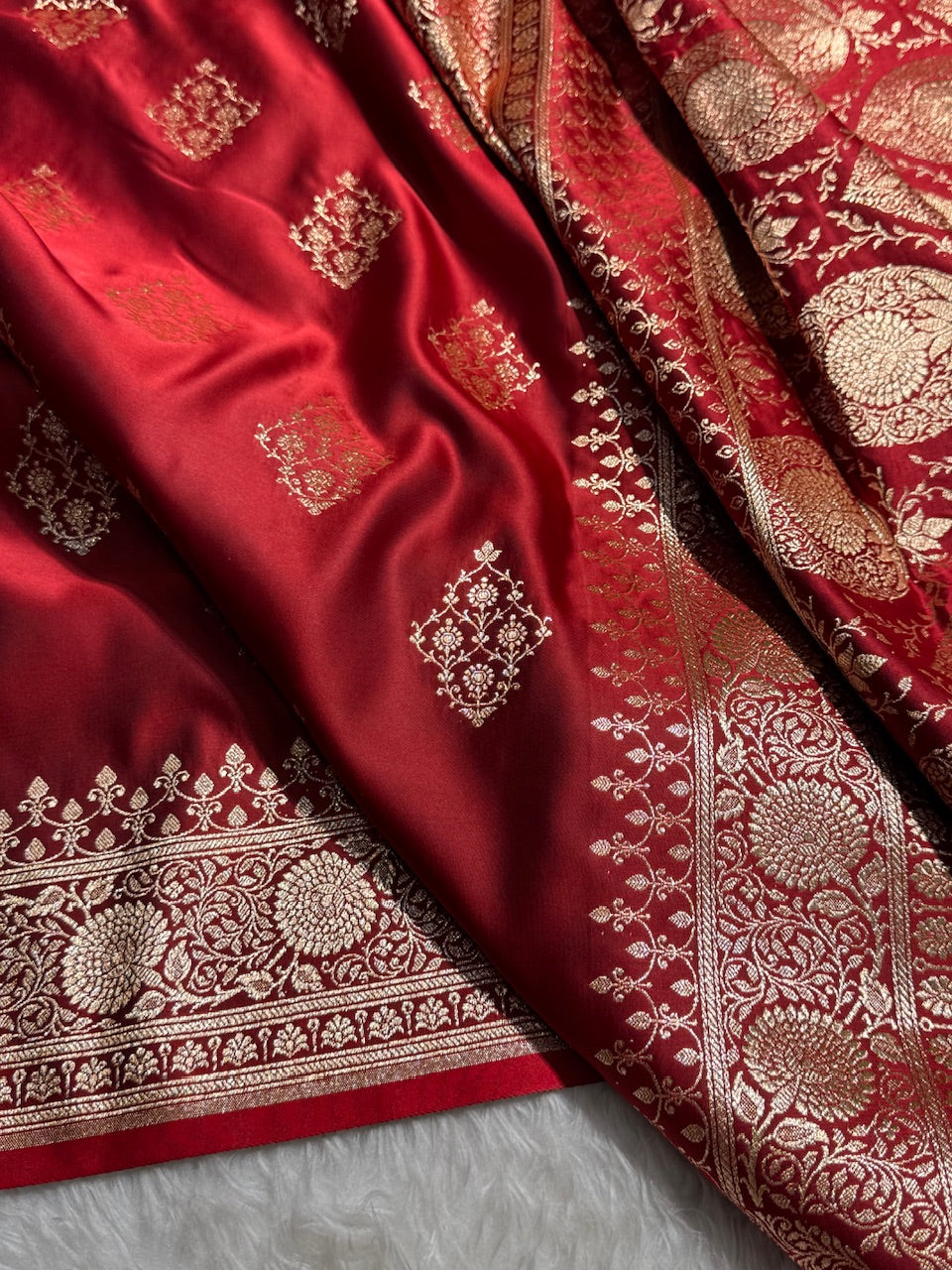 Maroon Floral Boota Satin Katan Silk saree SK35