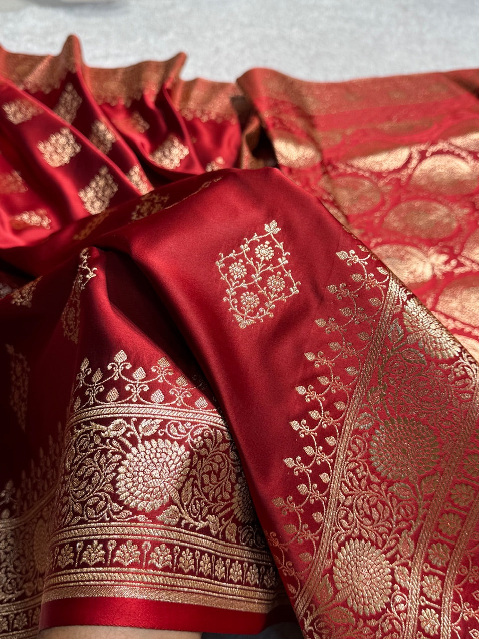Maroon Floral Boota Satin Katan Silk saree