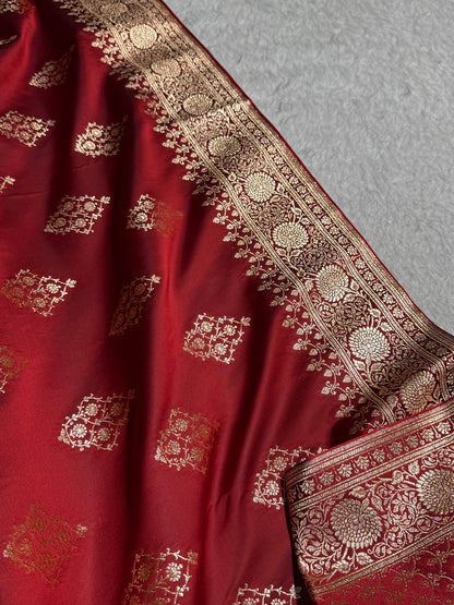 Maroon Floral Boota Satin Katan Silk saree SK35