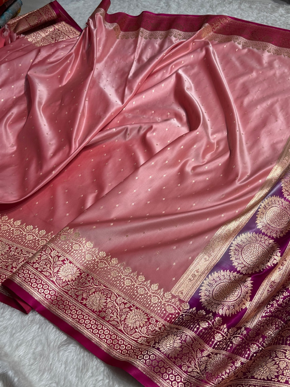 Baby Pink with Wine shades Booti Satin Katan Silk saree