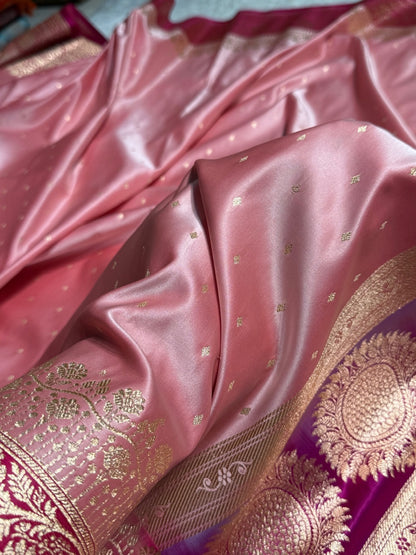 Baby Pink with Wine shades Booti Satin Katan Silk saree SK36