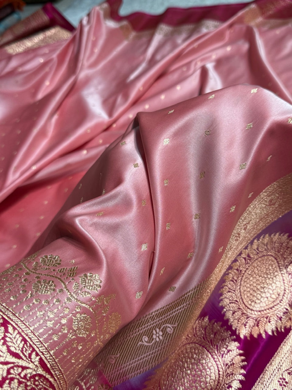 Baby Pink with Wine shades Booti Satin Katan Silk saree SK36