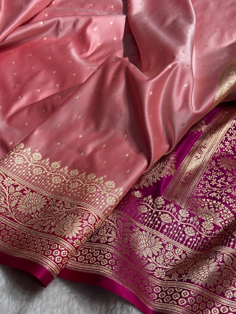 Baby Pink with Wine shades Booti Satin Katan Silk saree SK36