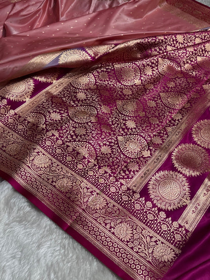 Baby Pink with Wine shades Booti Satin Katan Silk saree SK36