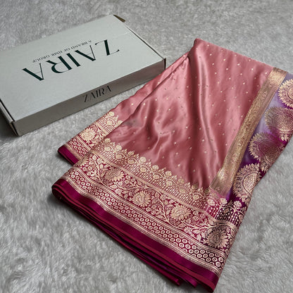 Baby Pink with Wine shades Booti Satin Katan Silk saree SK36