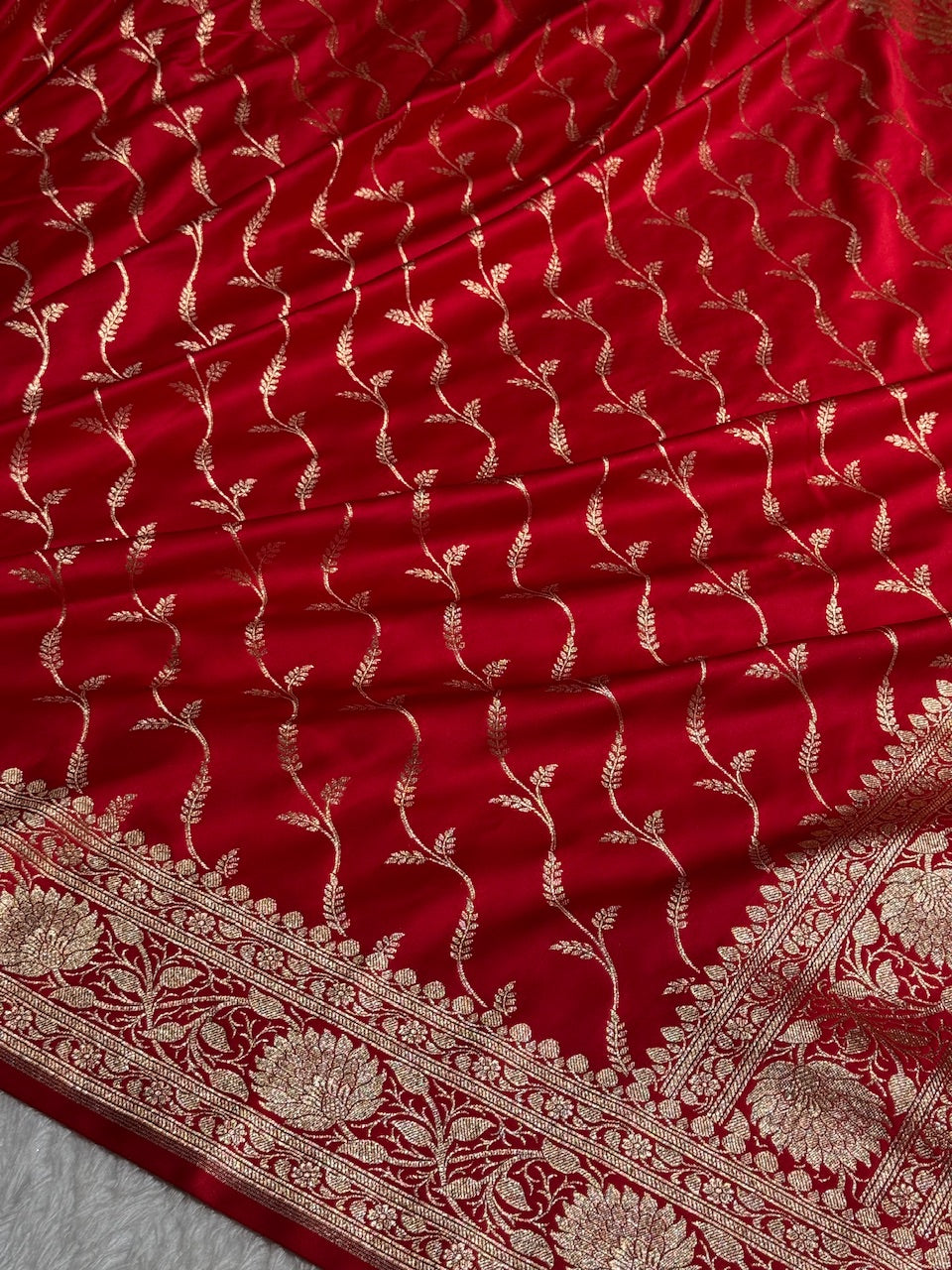 Red Cross Pattern Satin Katan Silk saree