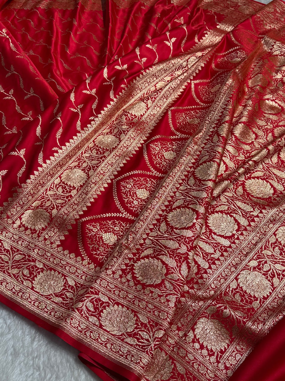 Red Cross Pattern Satin Katan Silk saree