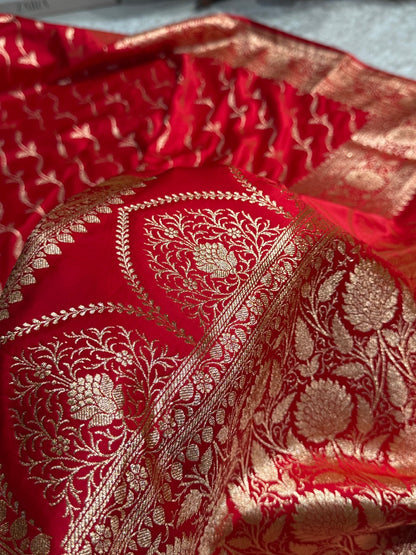 Red Cross Pattern Satin Katan Silk saree SK37