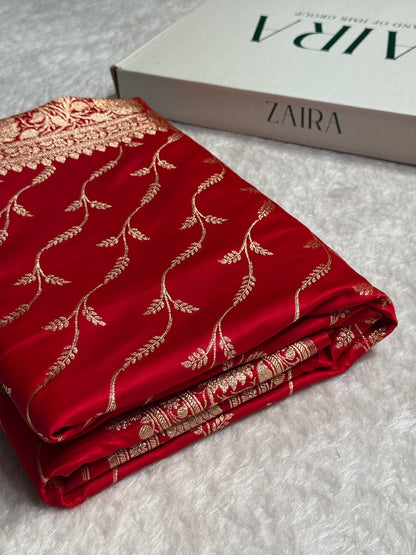 Red Cross Pattern Satin Katan Silk saree SK37