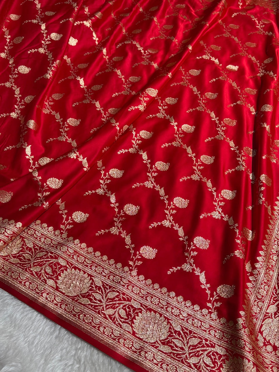 Red Cross Pattern Satin Katan Silk saree