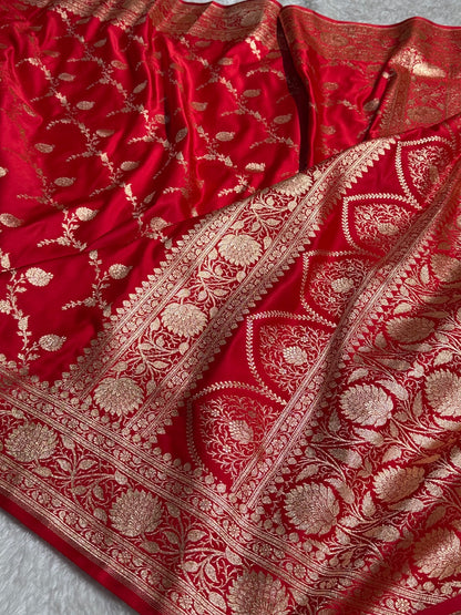 Red Cross Pattern Satin Katan Silk saree SK38