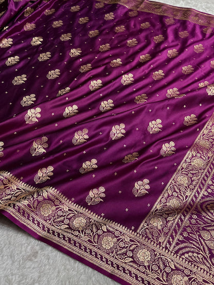 Purple Floral Boota Pattern Satin Katan Silk saree