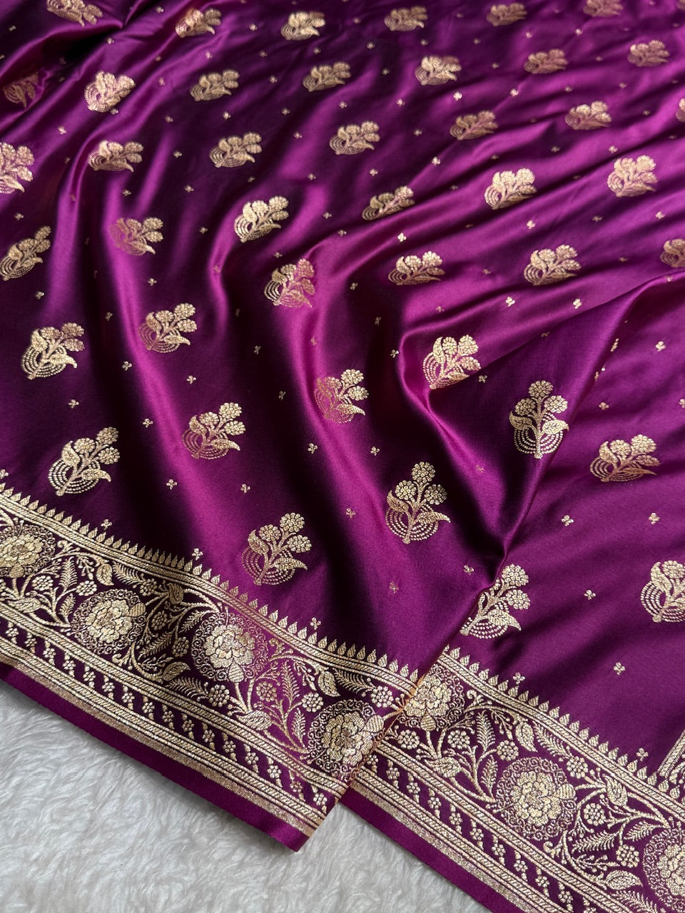 Purple Floral Boota Pattern Satin Katan Silk saree