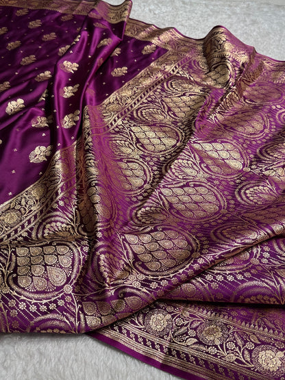 Purple Floral Boota Pattern Satin Katan Silk saree