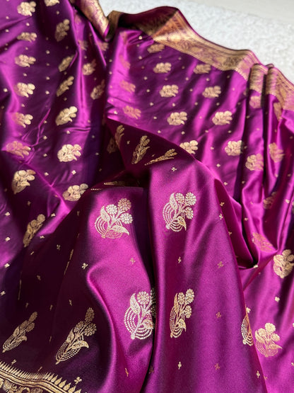 Purple Floral Boota Pattern Satin Katan Silk saree