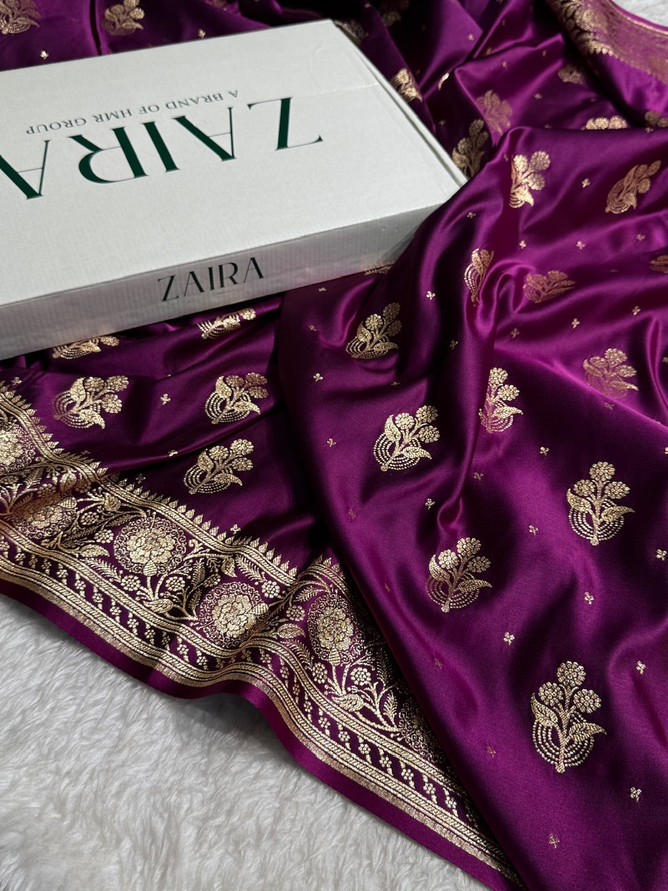 Purple Floral Boota Pattern Satin Katan Silk saree