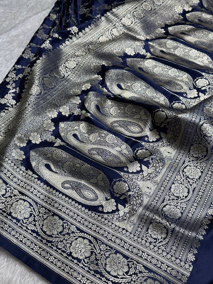 Navy Blue Jaal Pattern Mashru Silk Saree