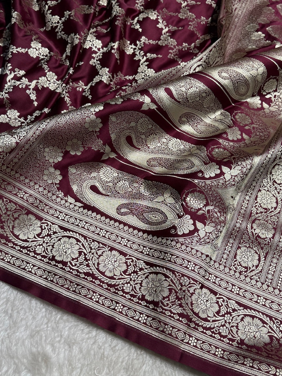 Garnet Jaal Pattern Mashru Silk Saree