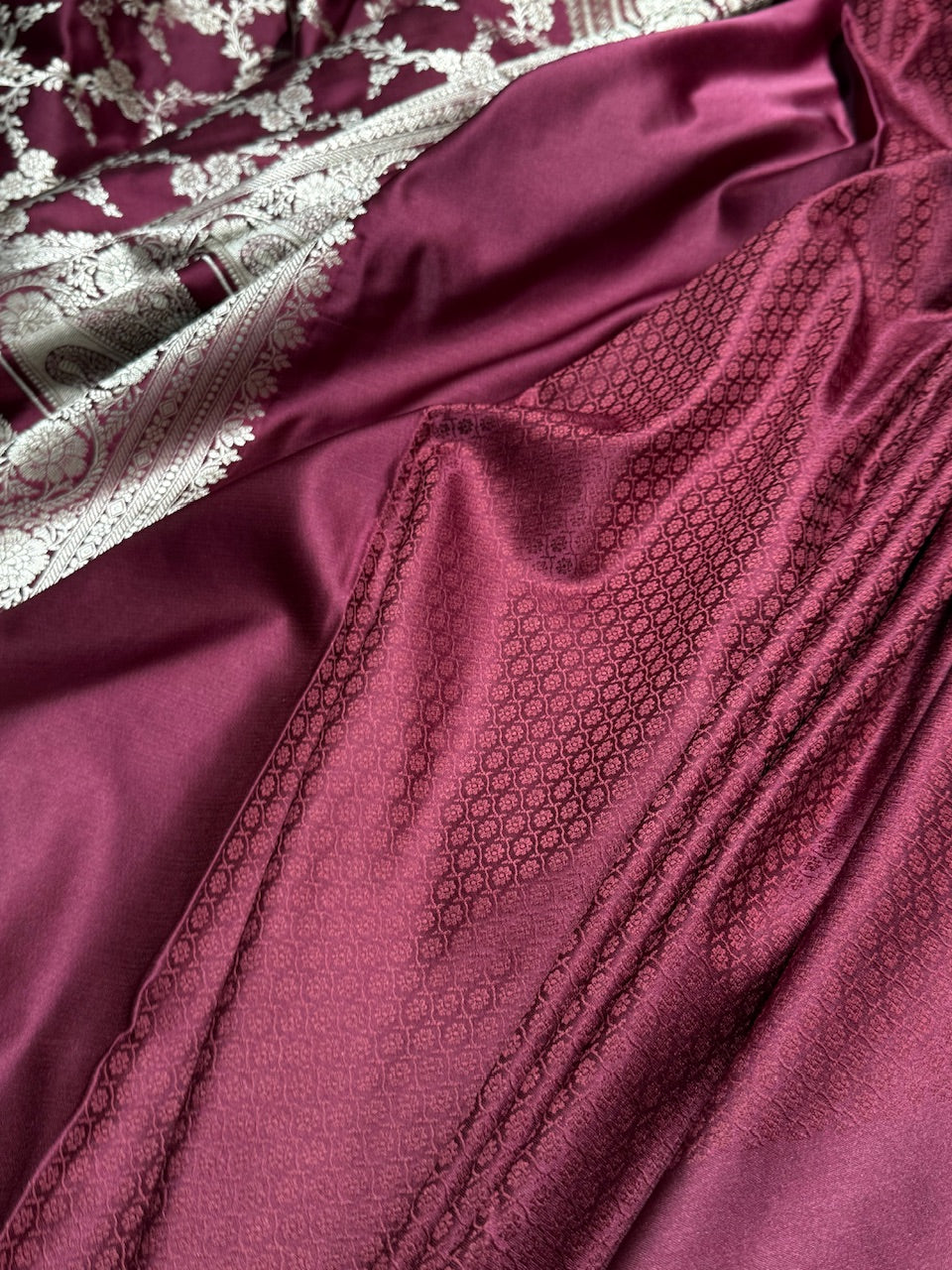 Garnet Jaal Pattern Mashru Silk Saree