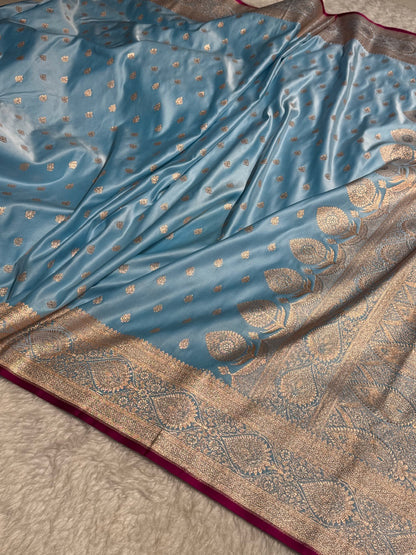 Sky Blue Booti Satin Katan Silk Saree SK10