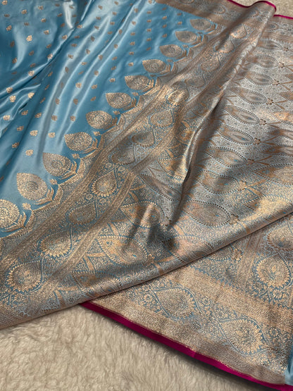 Sky Blue Booti Satin Katan Silk Saree SK10