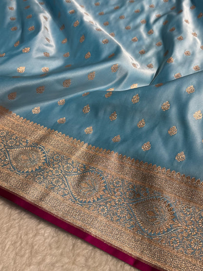 Sky Blue Booti Satin Katan Silk Saree SK10
