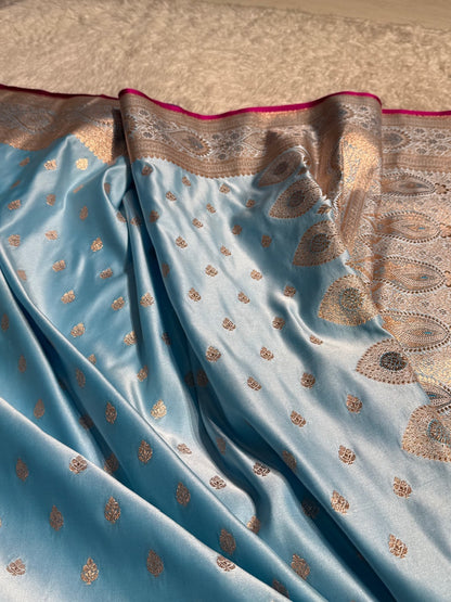 Sky Blue Booti Satin Katan Silk Saree SK10