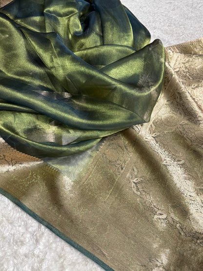 Mehandi Shades Pure Tissue Silk Saree with Brocade Blouse PT-18
