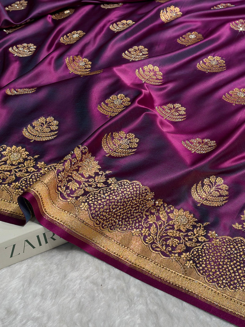 Wine Unique Swarovski Stone Work Boota Pattern Satin Katan Silk Saree BSK70