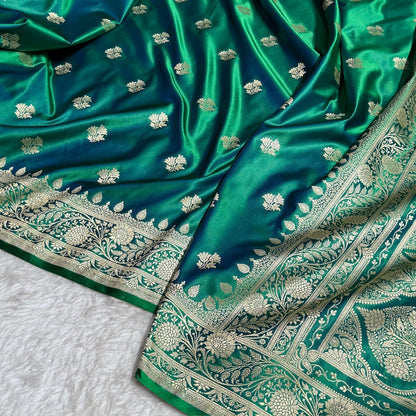 Dual Tone Bottle Green Floral Boota Satin Katan Silk saree SK32