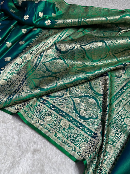 Dual Tone Bottle Green Floral Boota Satin Katan Silk saree SK32