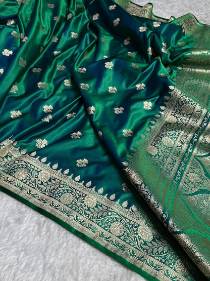 Dual Tone Bottle Green Floral Boota Satin Katan Silk saree SK32