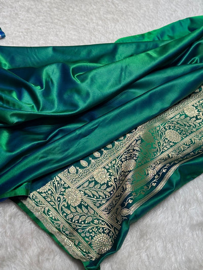 Dual Tone Cross Green Floral Boota Satin Katan Silk saree SK32