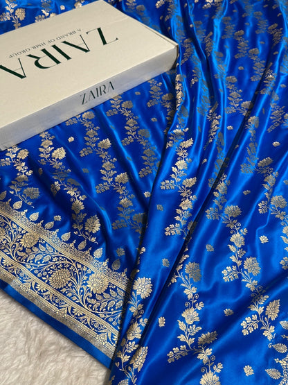 Tealish Blue Cross & Booti Banarasi Katan Silk Saree SK24