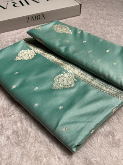Sea Green Floral Boota & Booti Mashru Silk Saree