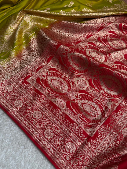 Mehandi with Red Floral Boota Pattern Satin Katan Silk saree SK41