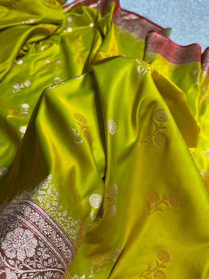 Mehandi with Red Floral Boota Pattern Satin Katan Silk saree SK41