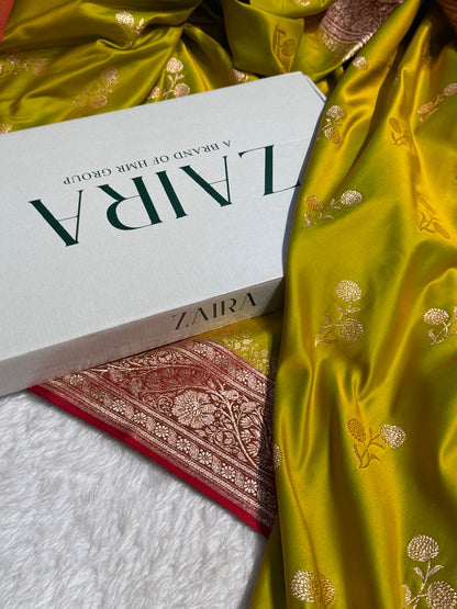 Mehandi with Red Floral Boota Pattern Satin Katan Silk saree SK41